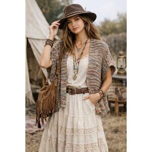 Peruvian Connection Alpaca Blend Hand-Knit Open Cardigan XS/S Boho Sweater Vest